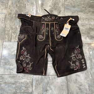Men's Embroidered Genuine Leather Shorts - Black